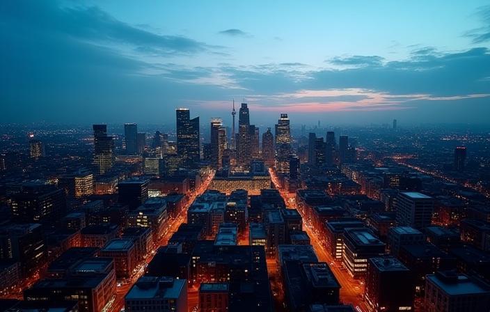 Aerial cityscape with dramatic evening light